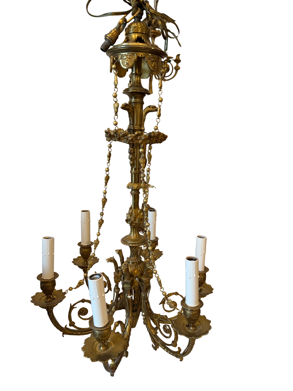 19th-Century French Renaissance Revival Brass/Bronze Six-Light Chandelier with Griffins