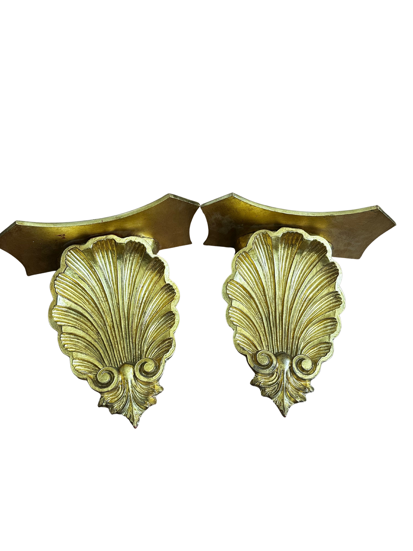 Pair of Large 20th C Gilded Shell Shelves
