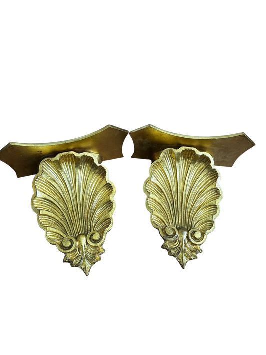 Pair of Large 20th C Gilded Shell Shelves