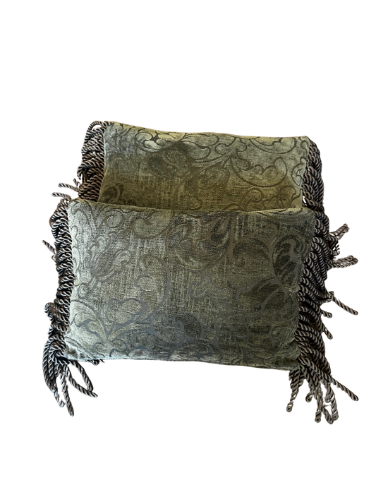 Pair of Vintage Dark Olive Green Jacquard Damask Lumbar Pillows