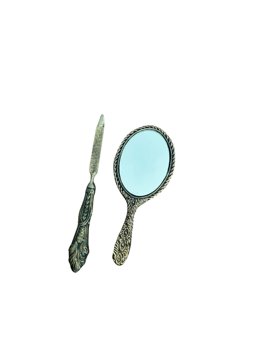 Vintage Vanity Set - Mini Double Sided Hand Mirror and Nail File