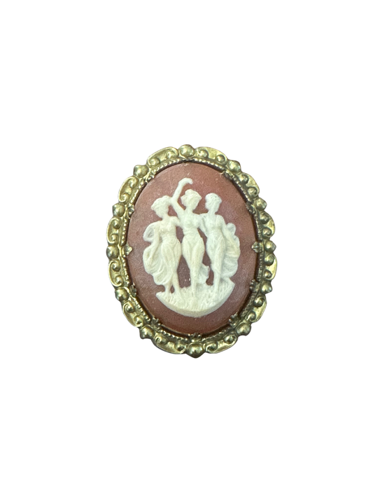 Western Germany Brass and Pink Resin Cameo Brooch of the Three Graces