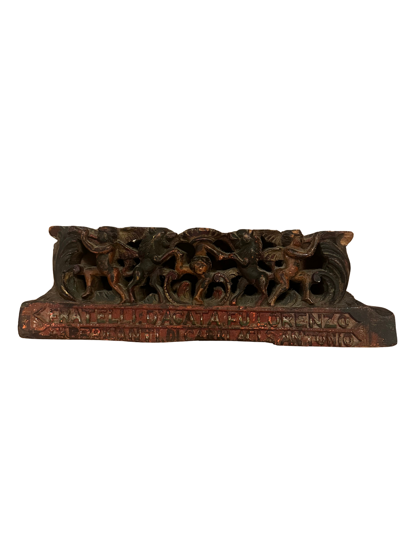 Antique Polychrome Carved Sicilian Cart Fragment with Inscription