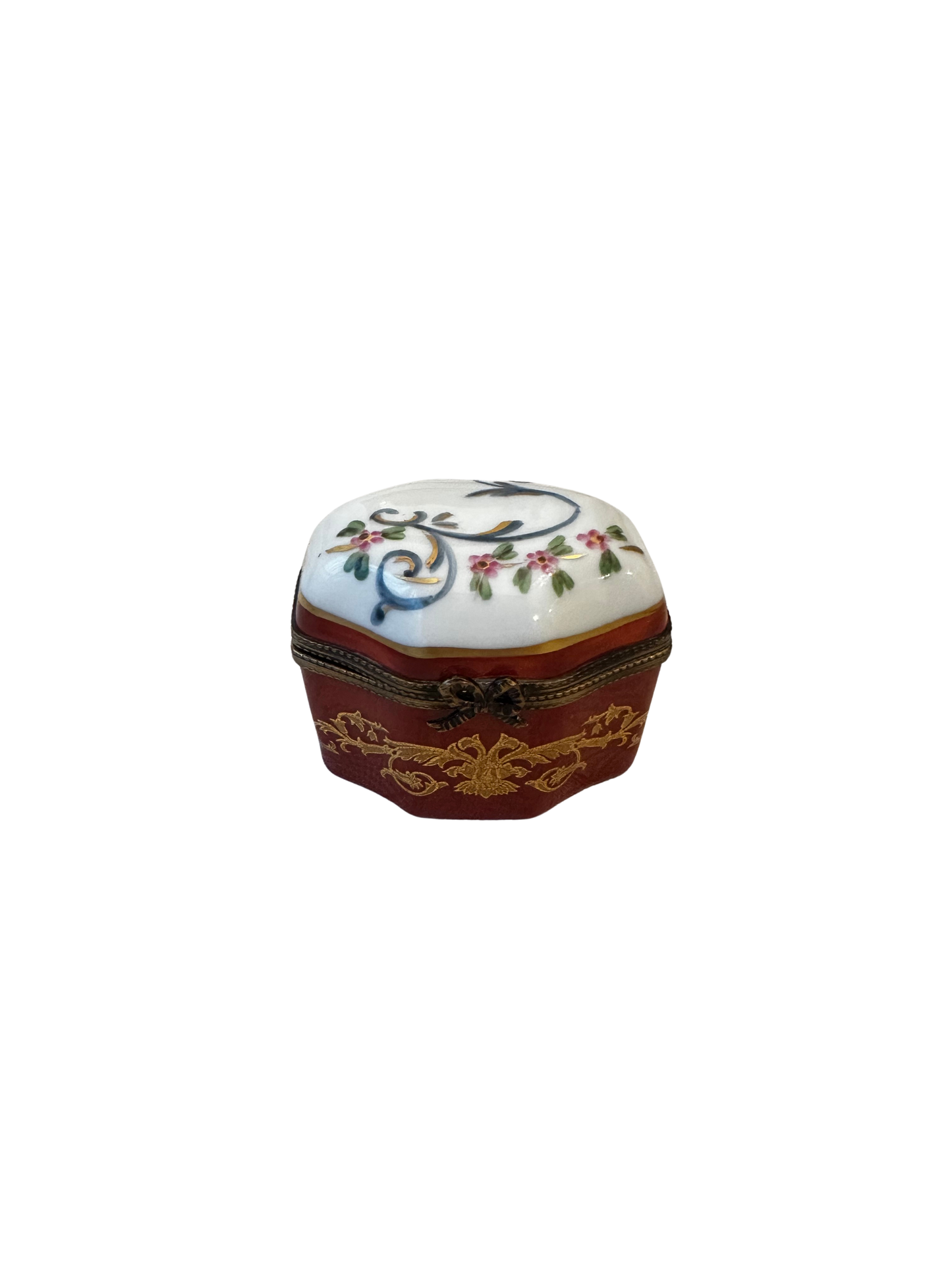 French Limoges Porcelain Perfume Casket with Four Bottles, Hand-Painted Floral Lid