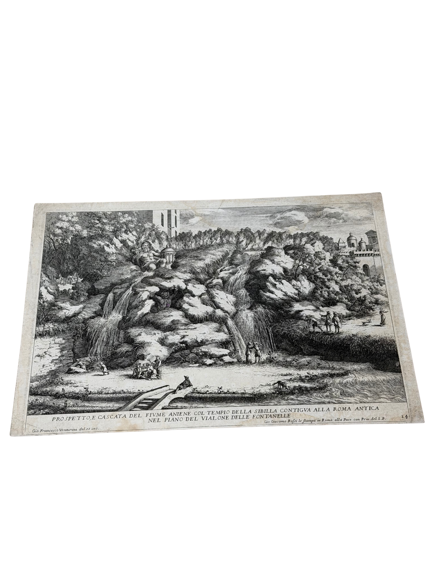 17th-Century Roman Engraving — Tivoli Waterfall and Temple of the Sibyl