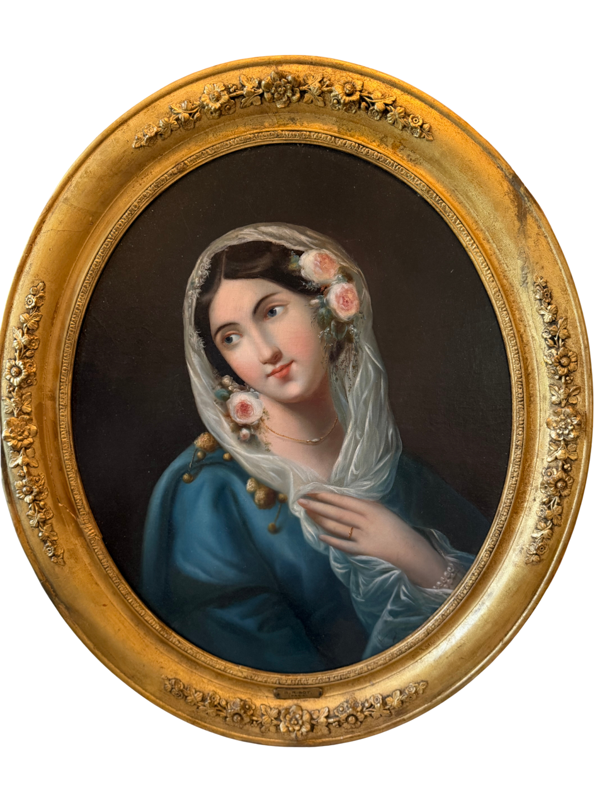 Antique Oval Portrait of a Veiled Young Woman with Roses, Oil on Wax-Lined Canvas, Giltwood Frame, Plaque "B. Ribot (Paris)"