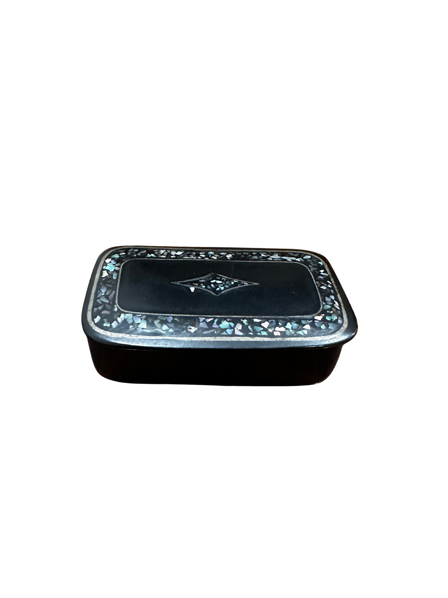 19th C Victorian Polished Lacquer Papier Mache Snuff Box with Crushed Abalone Inlay