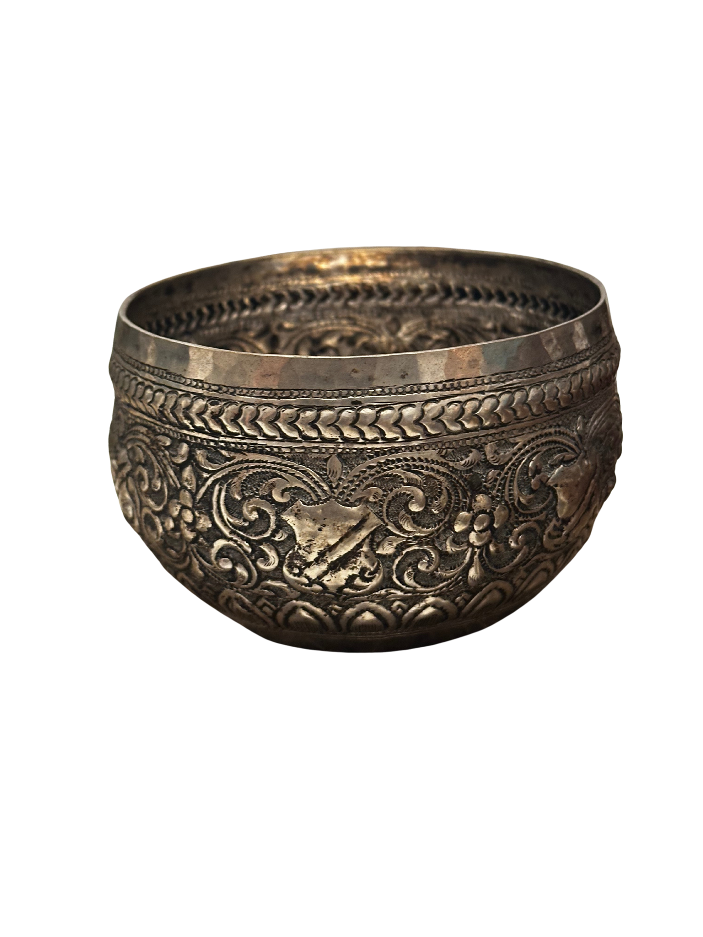 Vintage/Antique SE Asian Repousse Silver Bowl with Heraldic Motif