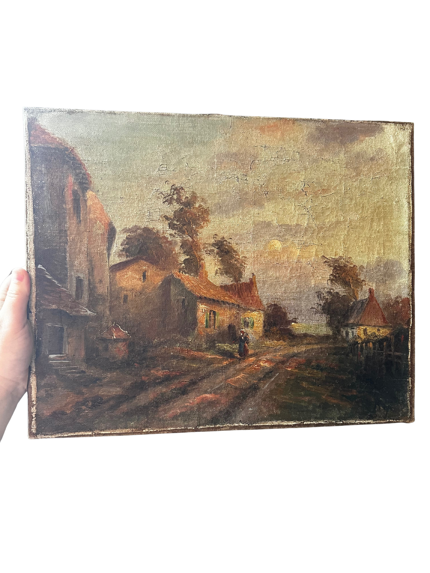 19th C Oil on Canvas of Town Street with Woman (Conservatively Relined) - Signed Rhys?