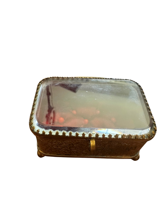 Small Ormolu French Presentation Box with Beveled Glass Top and Red Tufted Silk Interior