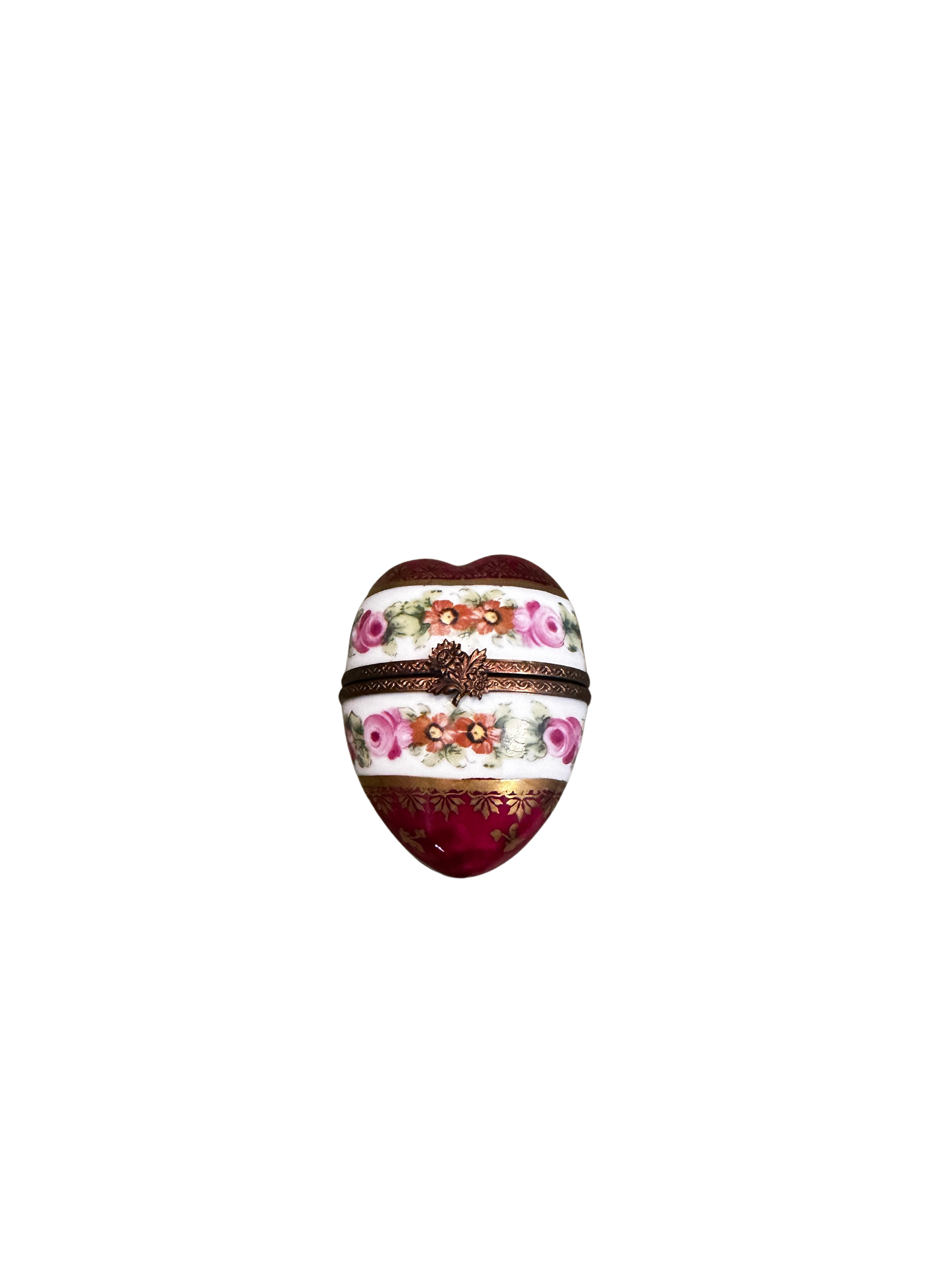 Elongated Deep Pink Floral Heart Shaped Limoges Box