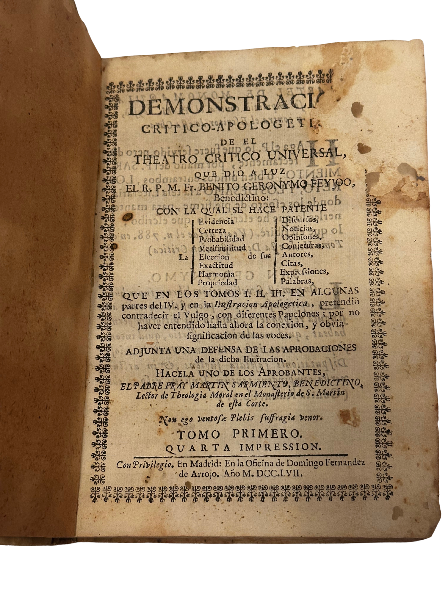 Vellum "Demonstracion Critico-Apolgetica de el Theatro Critico Universal" by Benito Jeronimo Feijoo (1757)