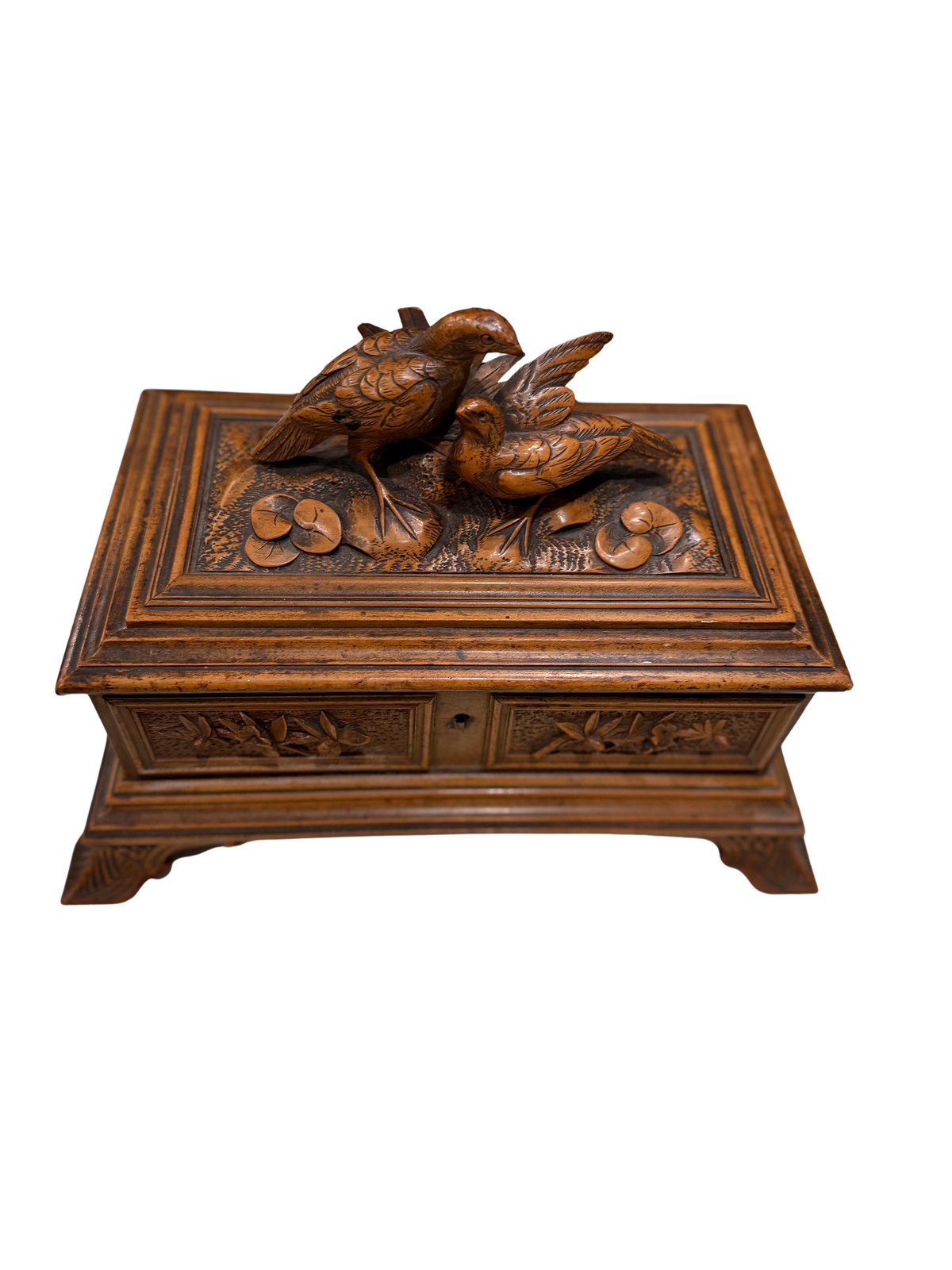 Antique Black Forest Style Carved Wood Jewelry / Trinket Casket with Birds