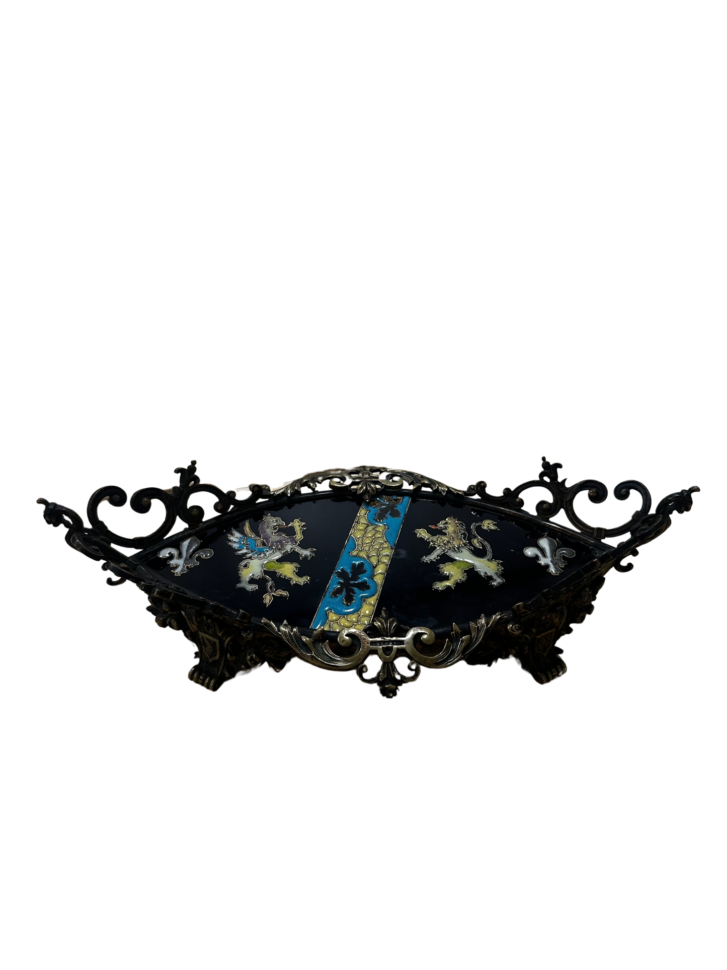 French Enameled Bronze Tray with Heraldic Motif