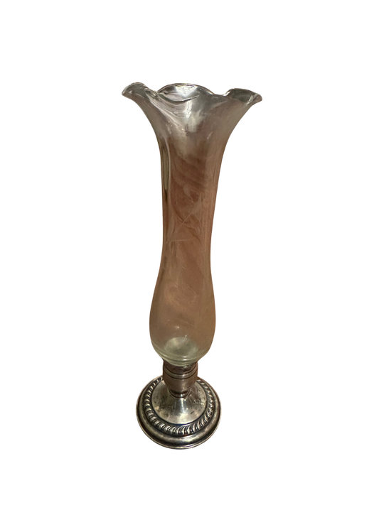 Mid-20th C Sterling Weighted Etched Glass Floral Bud Vase