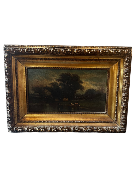 Pastoral Antique Early 20th C Oil on Canvas Painting in Ornate Frame (American Artist)