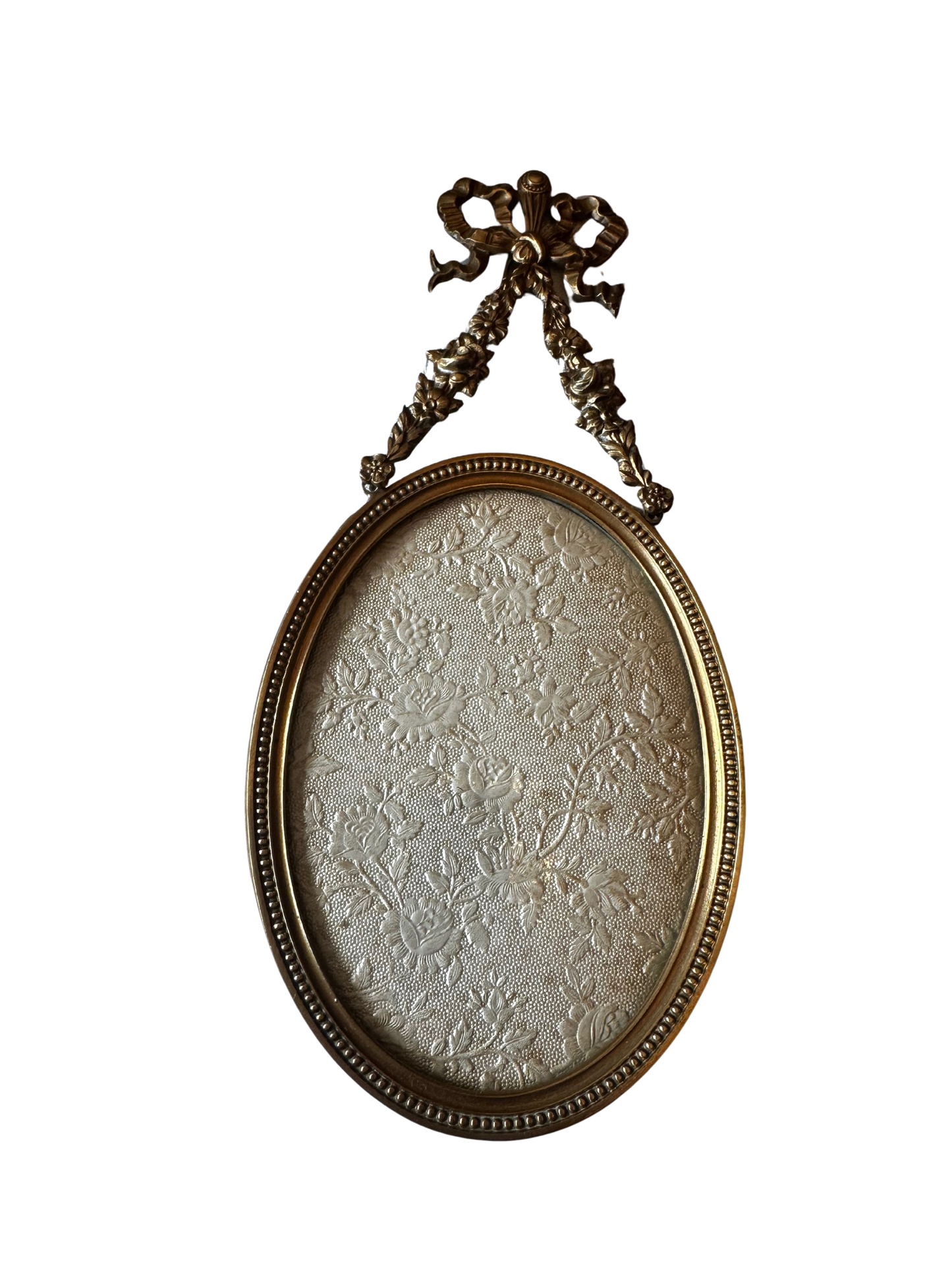 Late 19th / Early 20th C French Brass Oval Frame with Floral Hanging Garland Motif