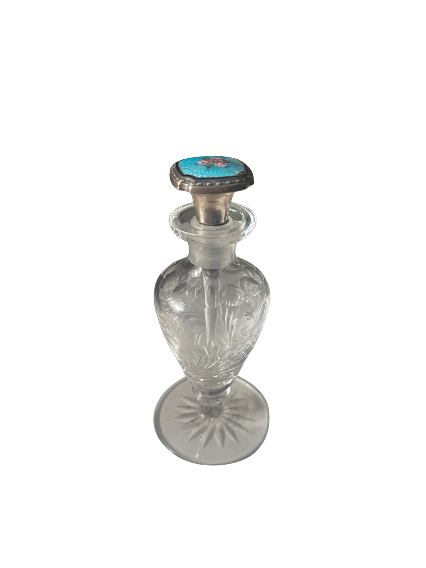 Antique Cut Crystal Perfume Bottle with Sterling Silver Guilloché Enamel Stopper