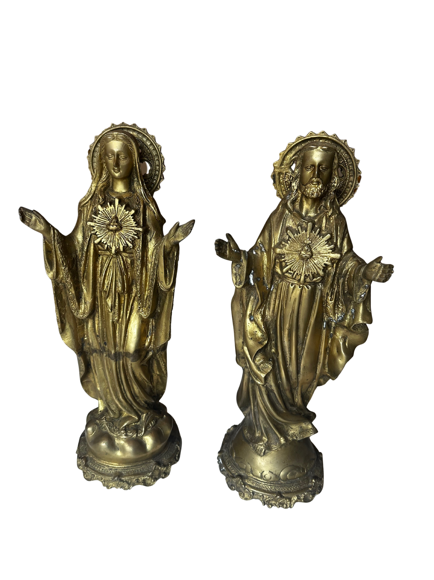 Late 19th / Early 20th C Gilt Bronze Devotional Statues of Christ and the Virgin Mary