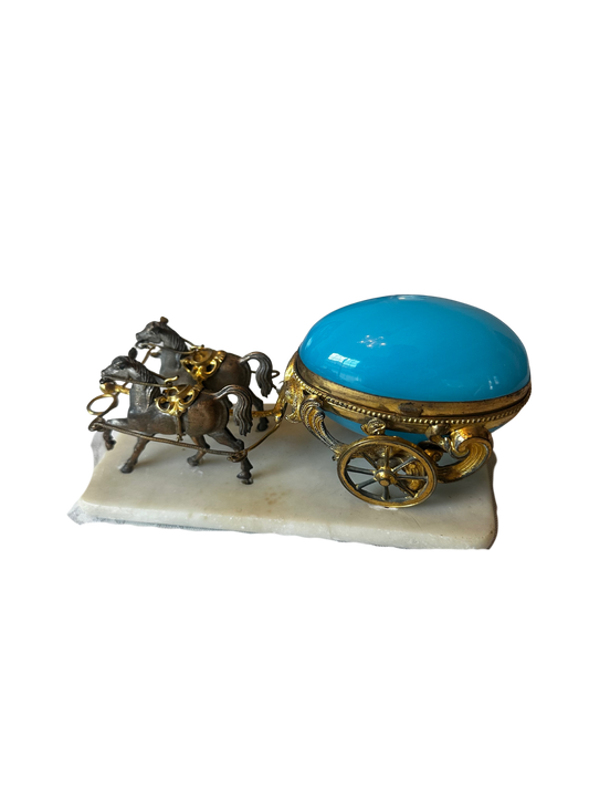 19th C French Palais Royal Blue Opaline Egg Carriage with Horses