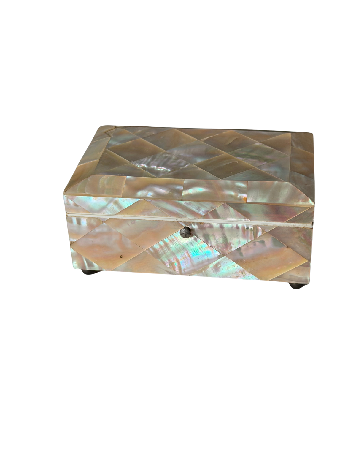 Antique Victorian Mother-of-Pearl Parquetry Jewelry Casket with Lavender Silk Interior, Circa 1880–1900