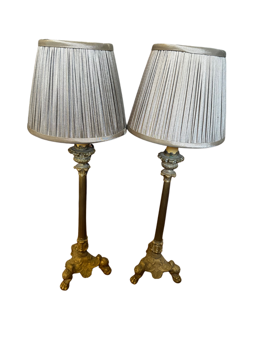 Pair of Candlestick Lamps with Lion Feet and Green Pleated Shades