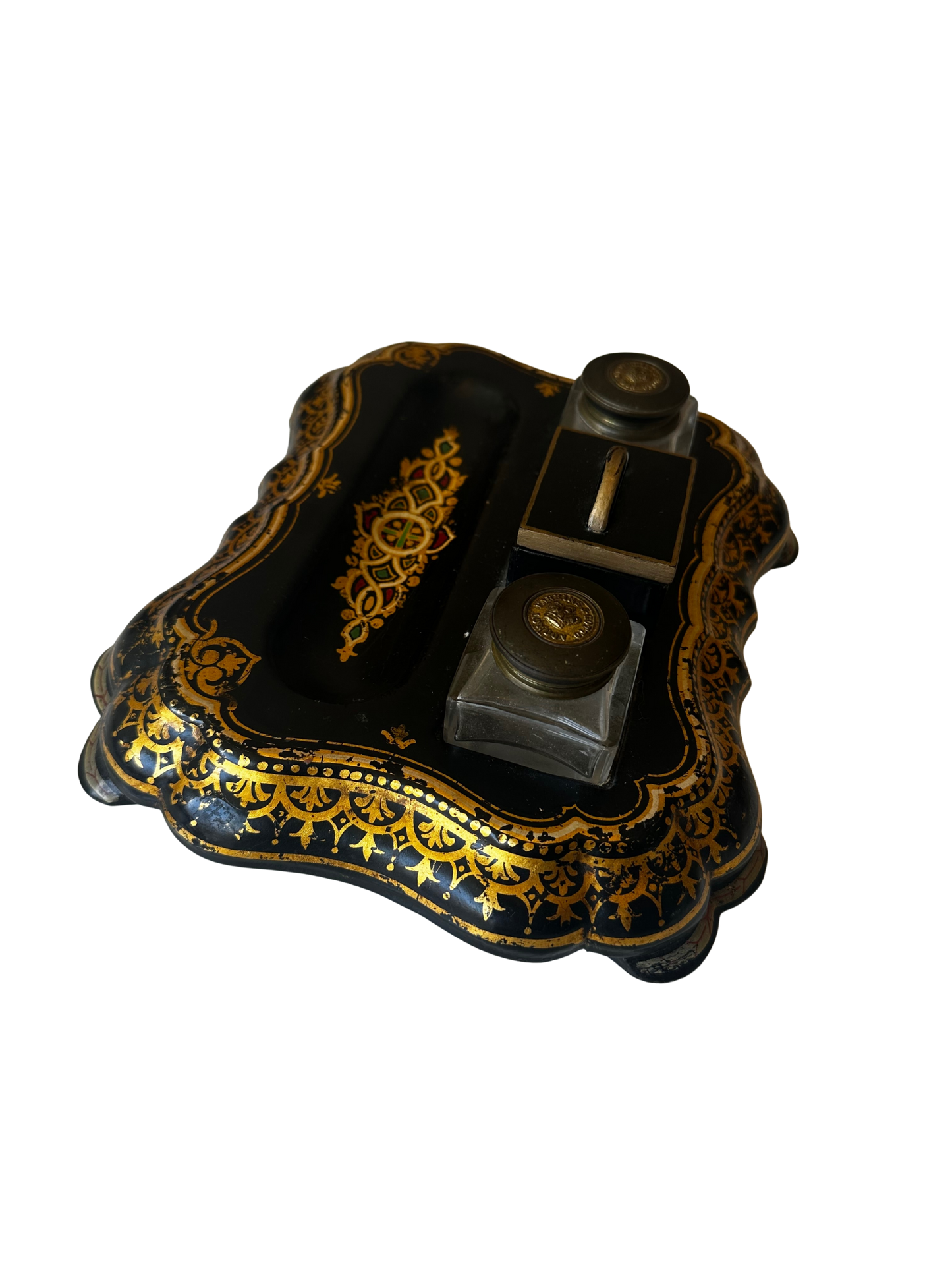 19th C Parkins & Gotto Black Lacquer Victorian Papier Mache Inkwell Set