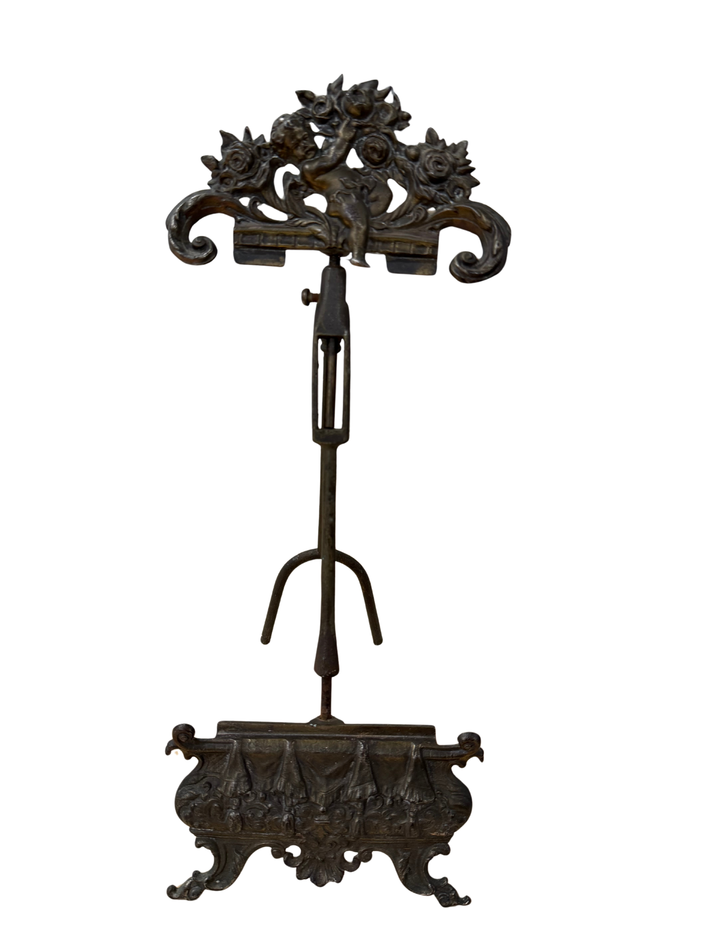 Large Antique French Rococo Revival Figural Gilt-Metal Adjustable Picture Easel