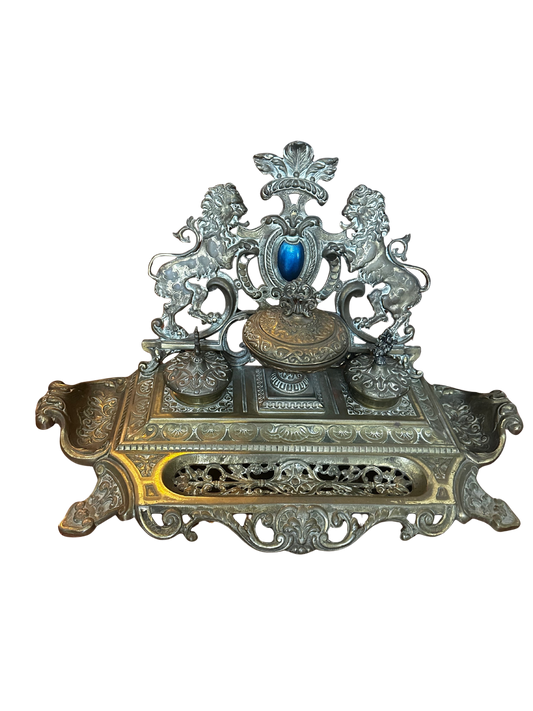 Bronze Double-Inkwell Desk Stand with Lions Rampant