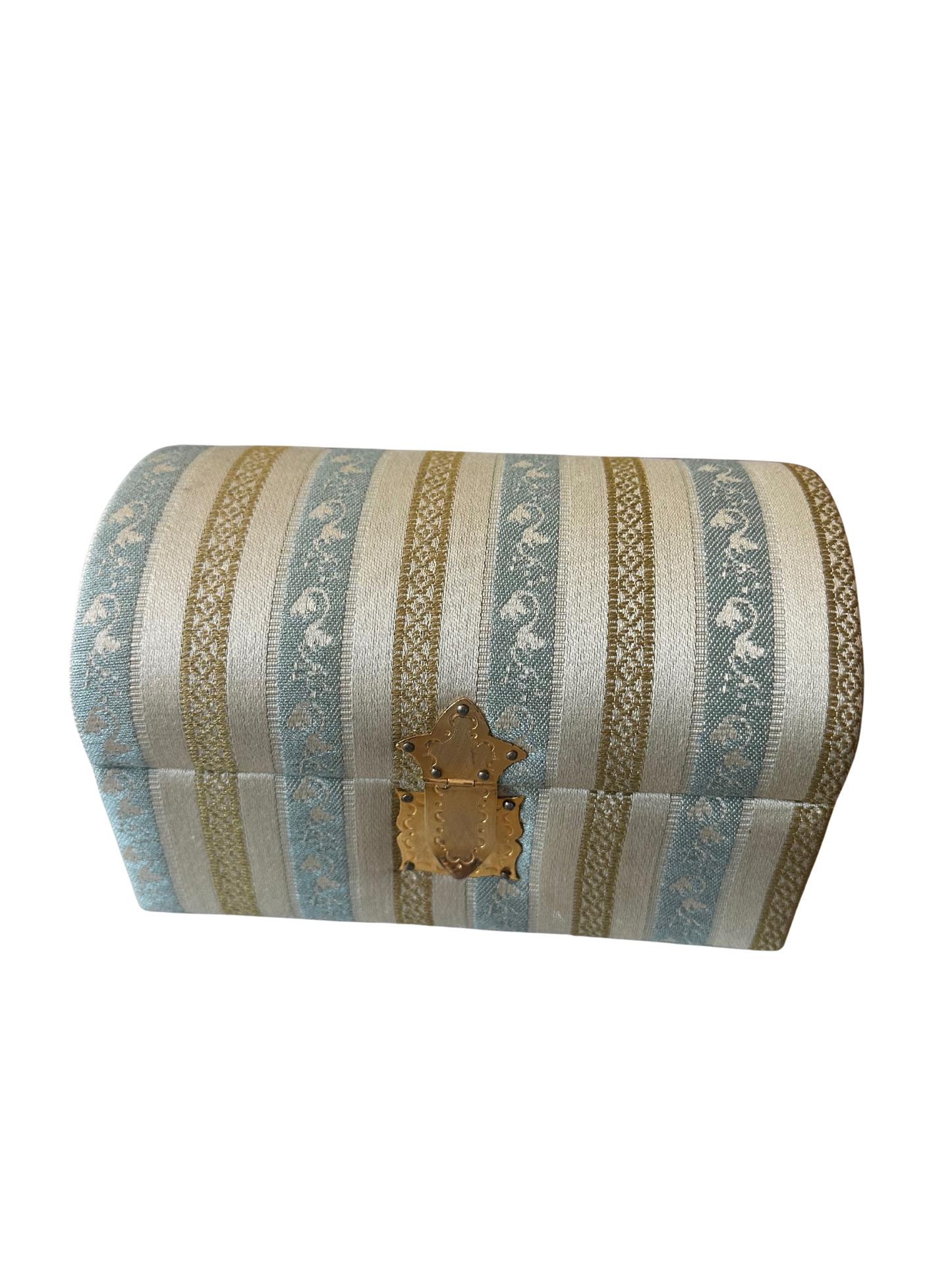 Vintage Neiman Marcus (Italian) Blue and Green Silk/Satin and Velvet Domed Jewelry Box with Key