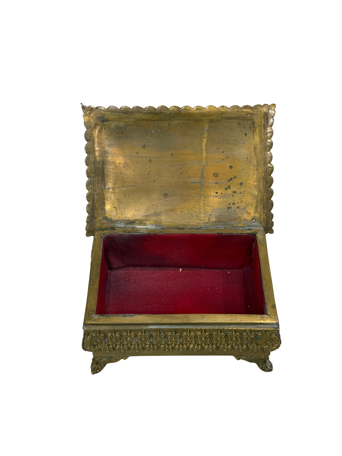 Antique Repoussé Brass Footed Box with Red Velvet Interior