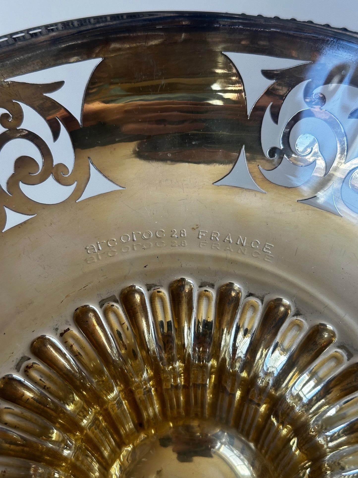 Pair of French Silverplate Pedestal Compotes with Arcoroc Glass Insert and Swan Handles