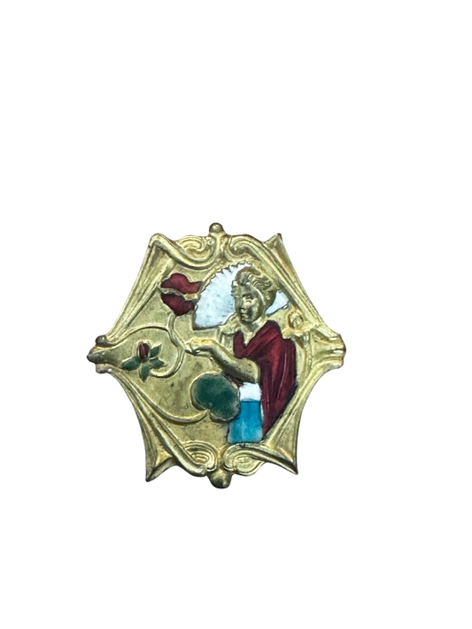 Mini Brass Painted Brooch of a Woman in Red Cloak
