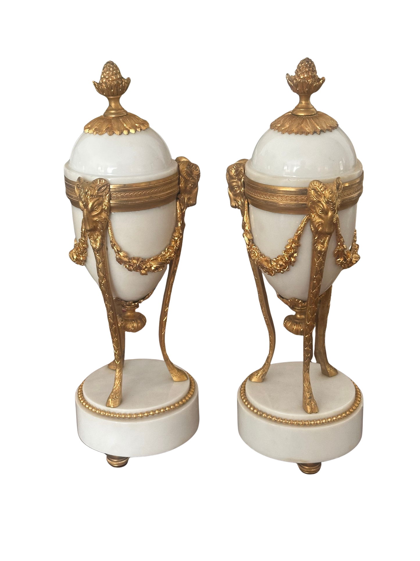 Pair of Antique French Ormolu and White Marble Cassolettes Converting to Candlesticks