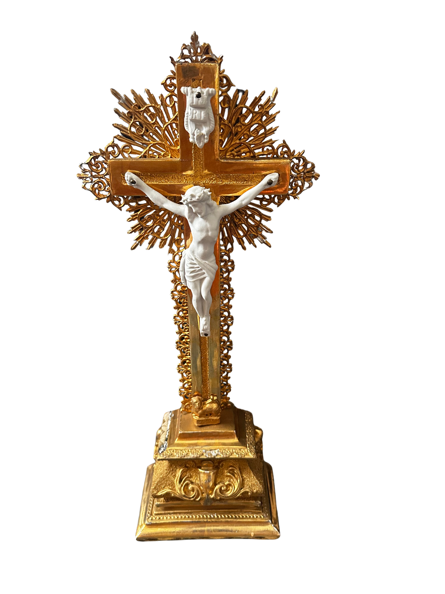 Antique Gilt White Metal, Wood and Bisque Porcelain Crucifix