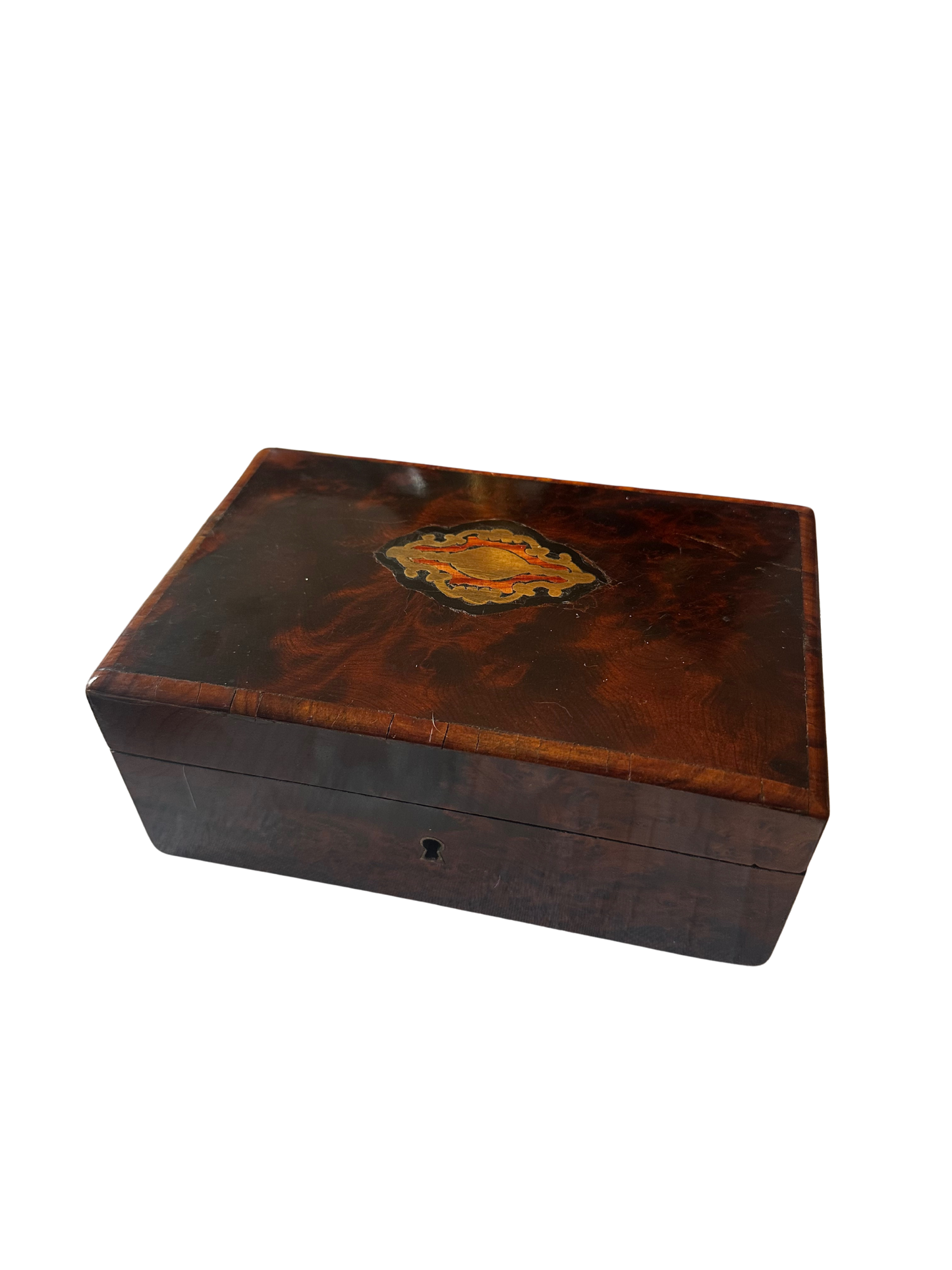 Late 19th C English Burl Wood Marquetry Jewelry Box with Two Tiers