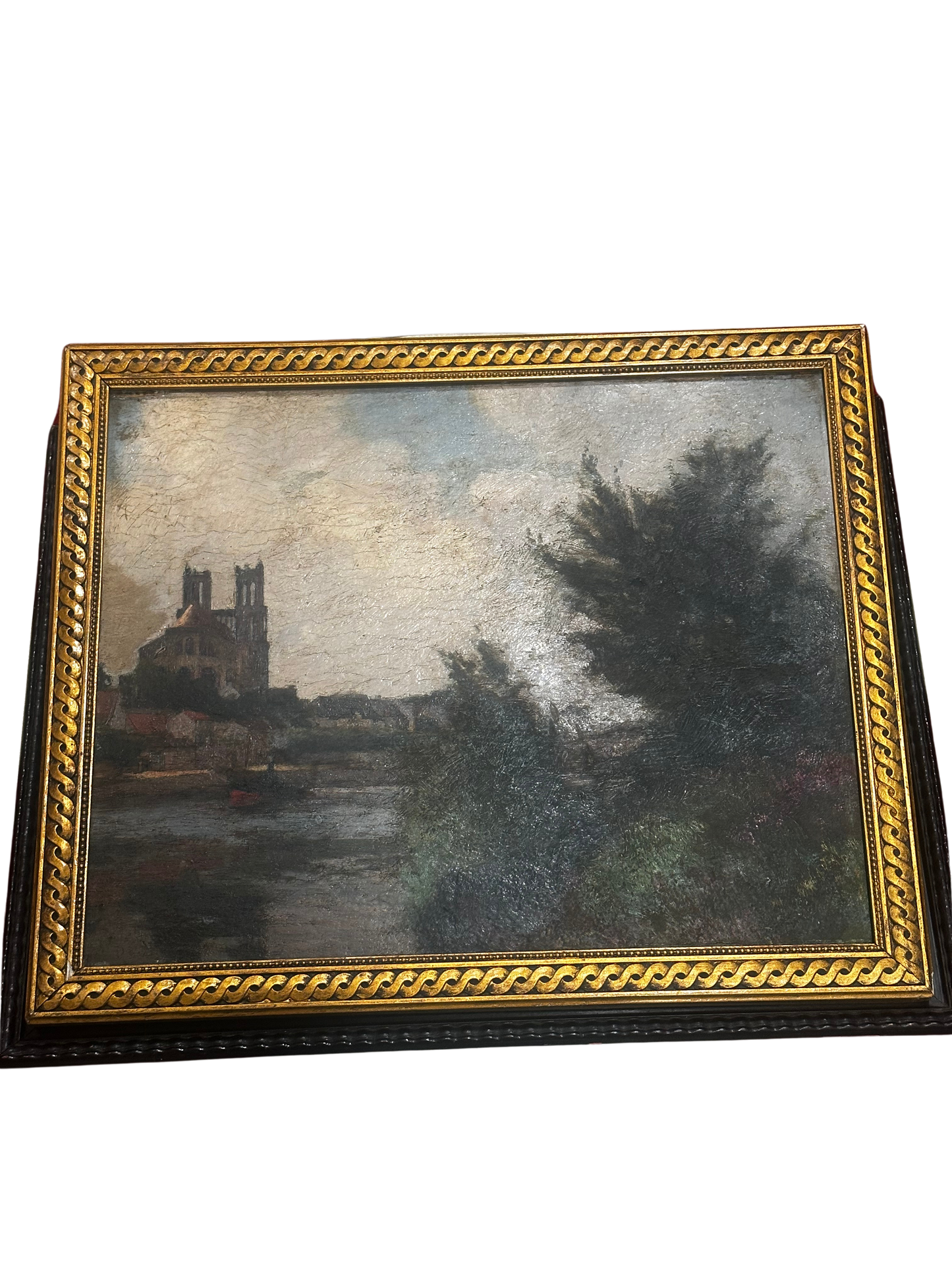 19th Century French Riverside Landscape with Cathedral, Oil on Canvas, Signed