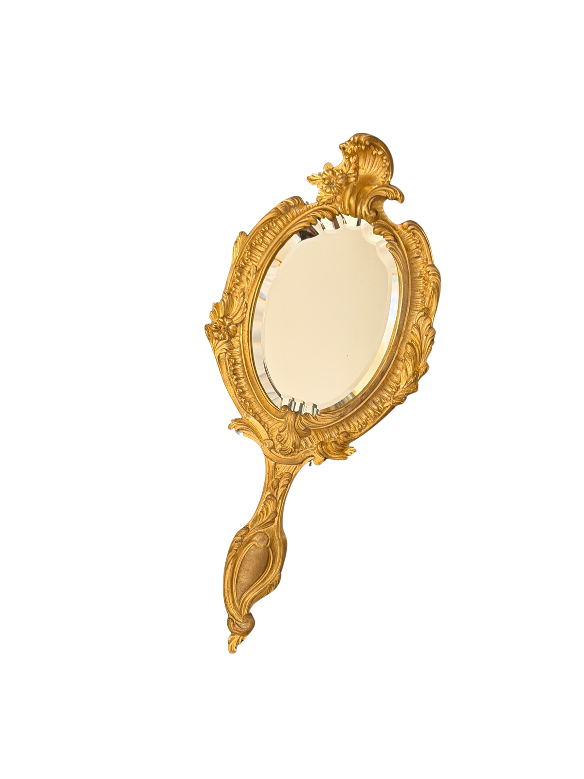 Antique French Louis XV Rococo Revival Gilt Bronze Hand Mirror with Scalloped Beveled Glass, Circa 1880–1900
