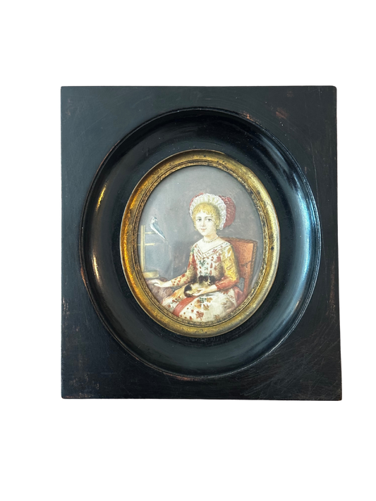 19th C Continental School Portrait of Young Lady with Dog and Bird (Signed "Regnier")