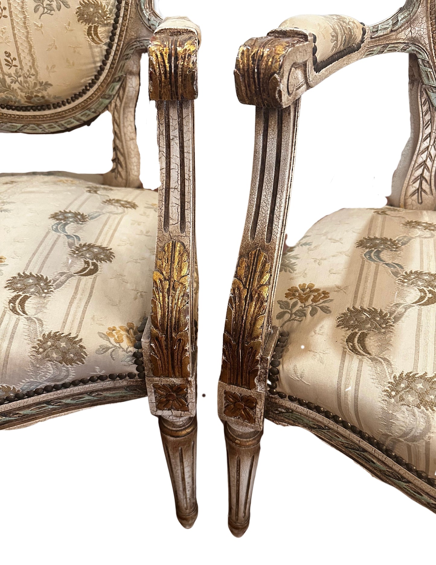 Early 20th C French Louis XVI Style Polychrome and Carved Fauteuils