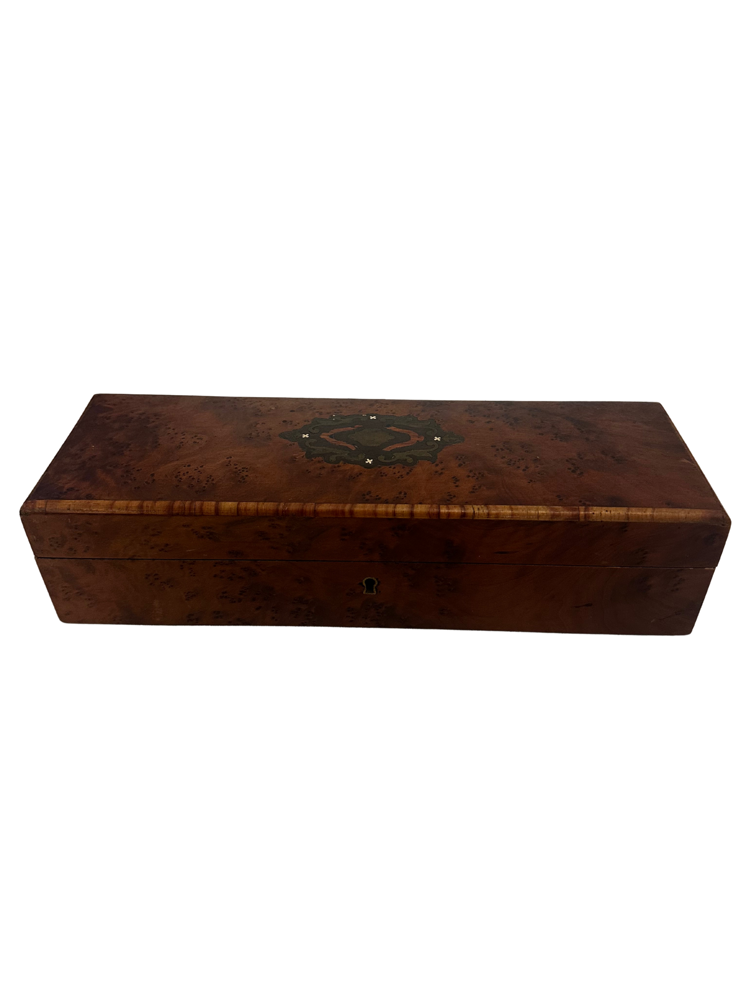19th C French Burl Wood Glove Box with Pink Silk Interior