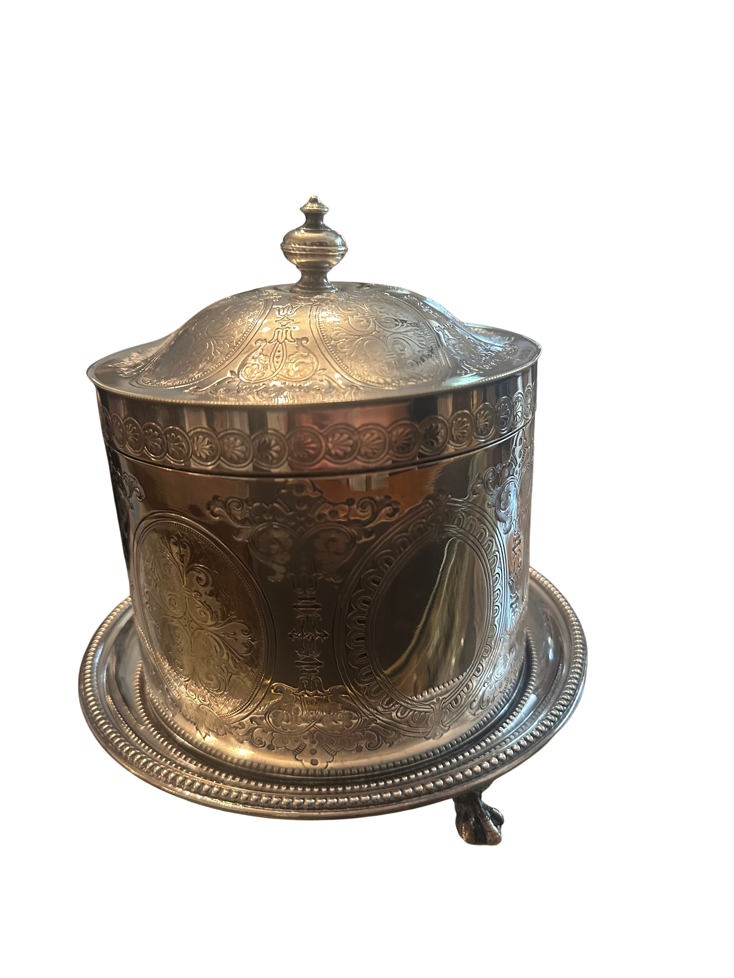 Victorian Engraved Silverplate Biscuit Barrel on Paw Feet by Henry Wilkinson and Co.