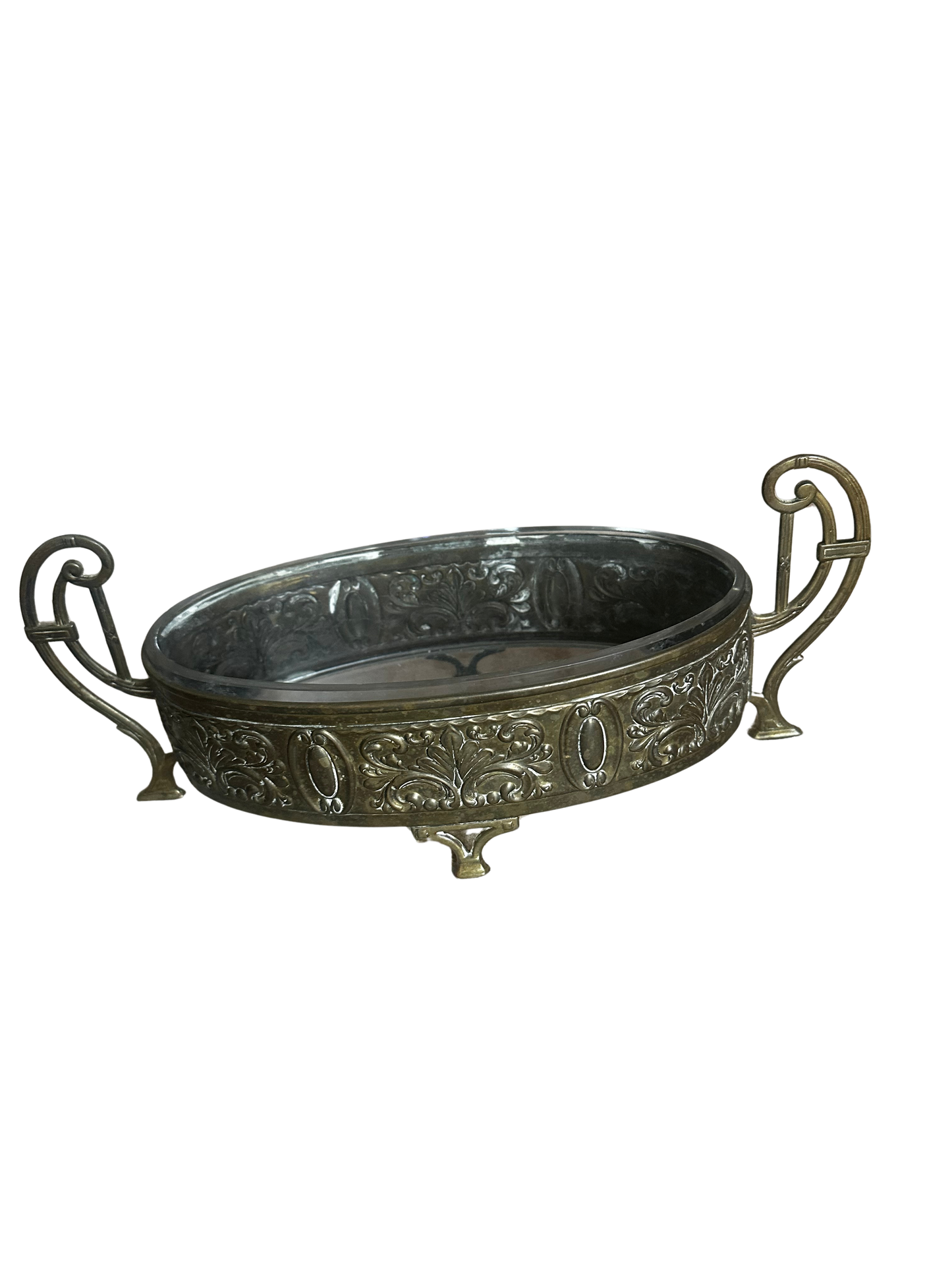 Antique French Repoussé Brass Jardinière with Original Glass Liner