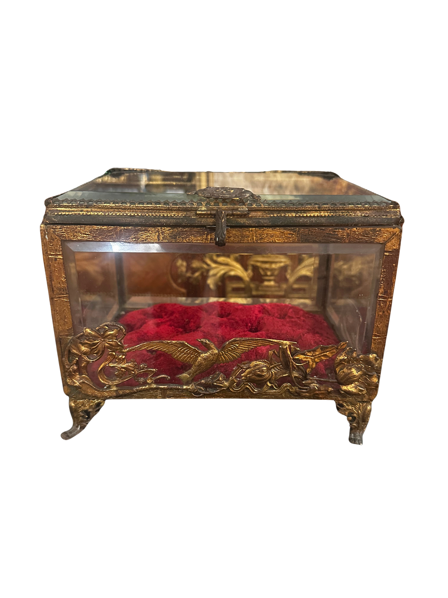 French Art Nouveau Gilt Bronze and Glass Jewelry Casket with Figural Mounts and Tufted Velvet Interior