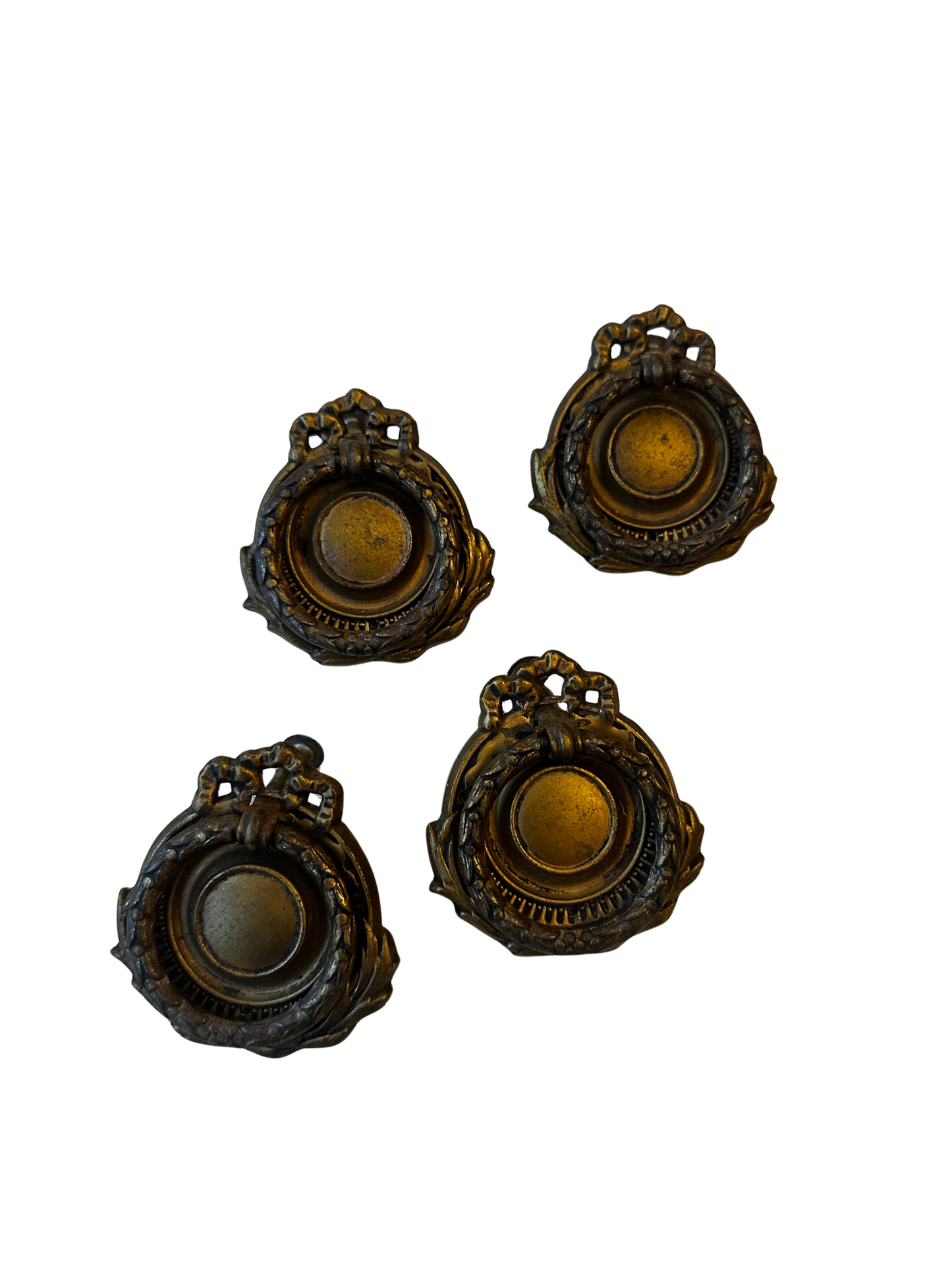 Set of Four Antique Gilt Metal Neoclassical Drawer Pulls with Foliate Wreath Backplates
