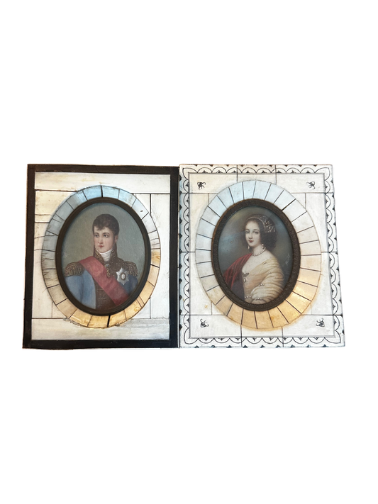 Pair of Antique Portraits of Napoleon and Josephine in Bone Frames