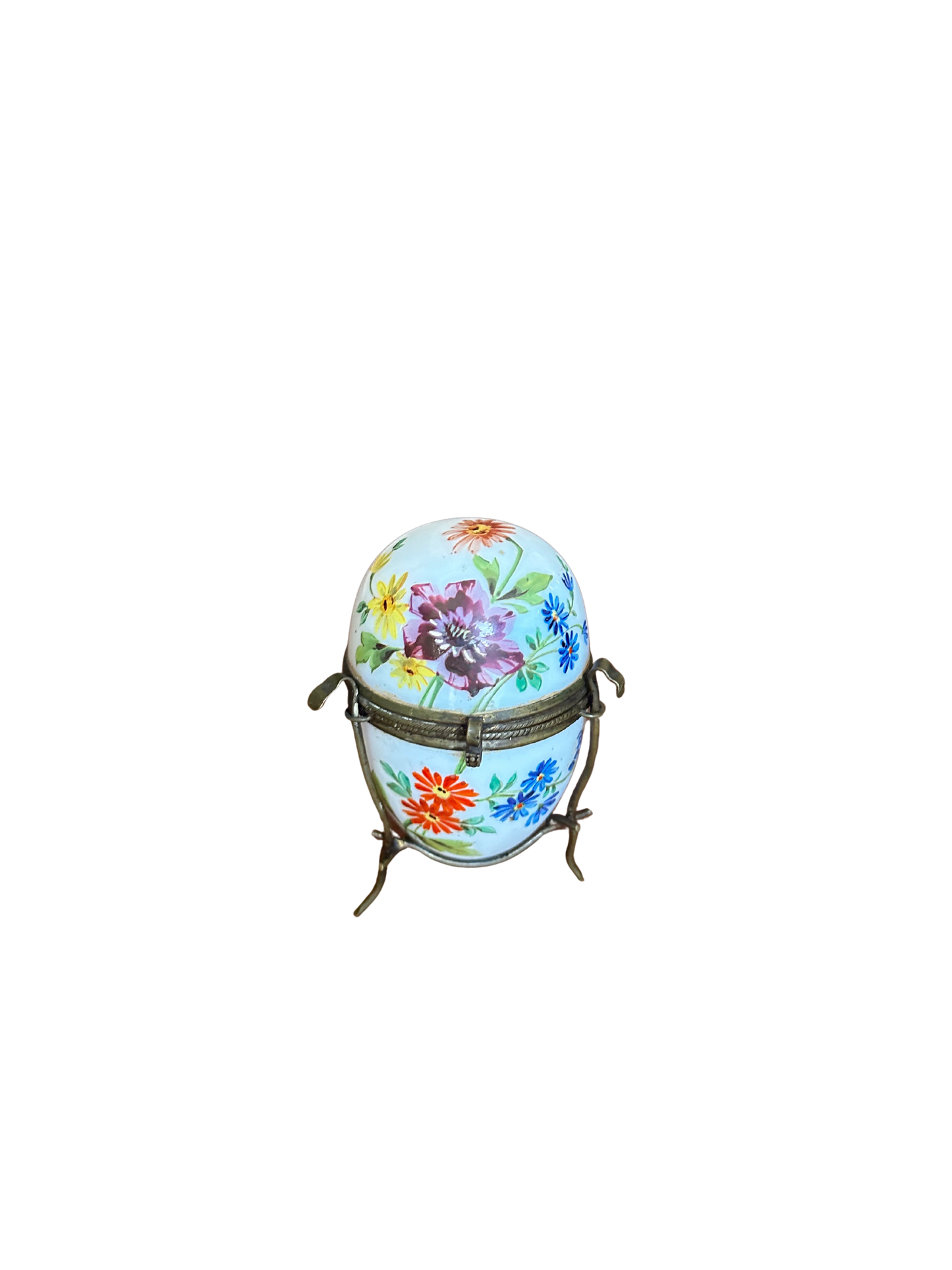 Late 19th / Early 20th C Enamel Painted Victorian White Opaline Egg Trinket Box