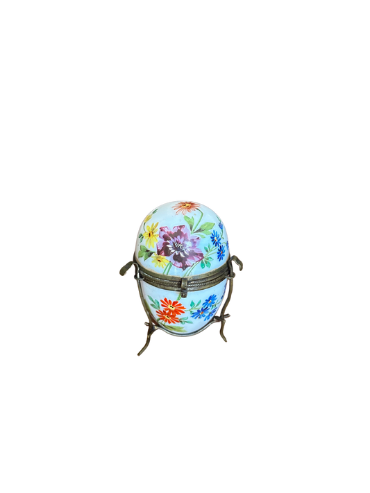 Late 19th / Early 20th C Enamel Painted Victorian White Opaline Egg Trinket Box
