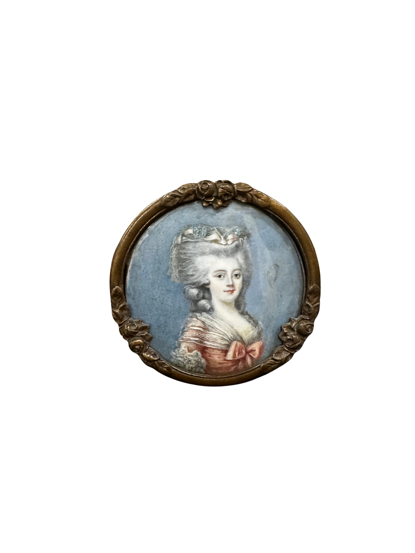 Antique Circular Portrait of a Marie Antoinette-Style Woman in Pink Dress