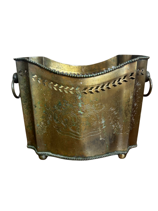 Mid-to-late 19th C Victorian Brass Cachepot with Heraldic Motif